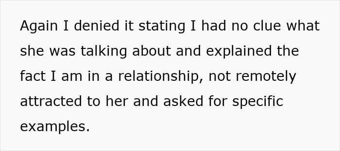 Text message showing denial of inappropriate attraction to a coworker and request for specific examples in an HR report. Text message showing denial of inappropriate attraction to a coworker and request for specific examples in an HR report.
