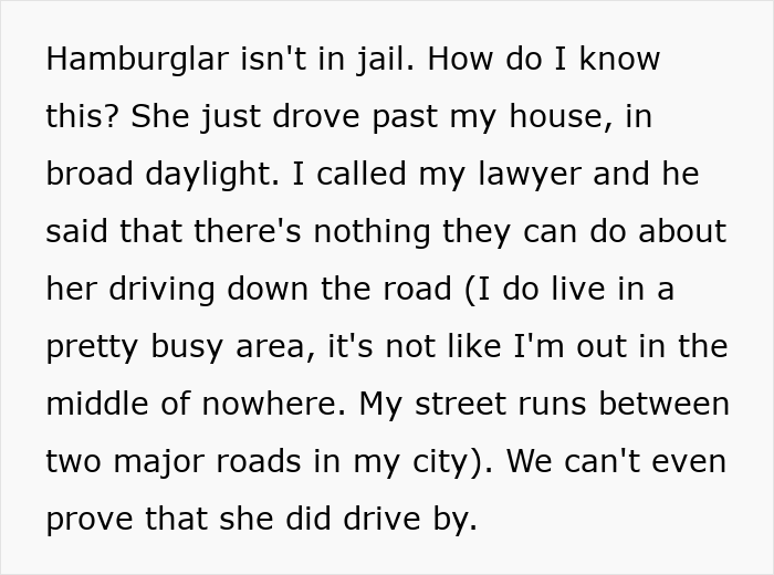 Text message about Hamburglar driving past a house, discussing legal limits and inability to prove the step-mom's actions leading to a CPS visit.