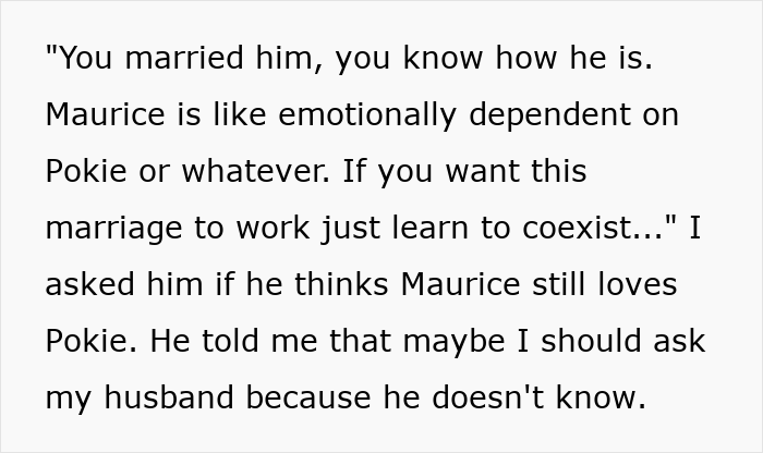 Text excerpt discussing emotional dependency and uncertainty about husband-best-friend cheating in a marriage context.