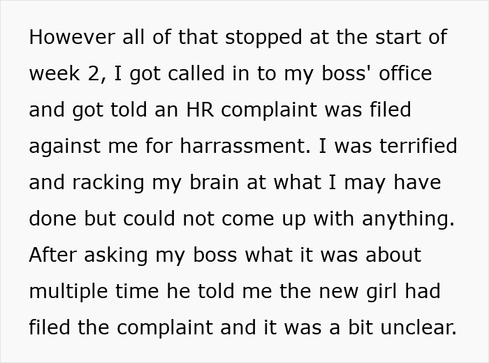 Text block describing an employee facing a harassment complaint after a coworker reported HR, leading to conflict at work. Text block describing an employee facing a harassment complaint after a coworker reported HR, leading to conflict at work.