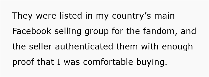 Text excerpt about a K-Pop fan purchasing rare merch from a Facebook group with seller authentication.
