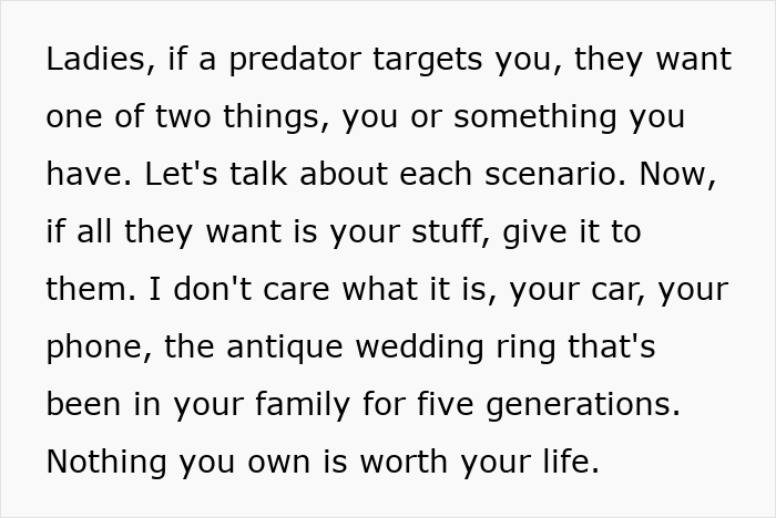 Text about personal safety advice for women from a former FBI agent emphasizing the value of life over possessions.