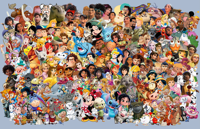 Collage of big Disney characters from classic and modern animated movies recognizable to real fans.