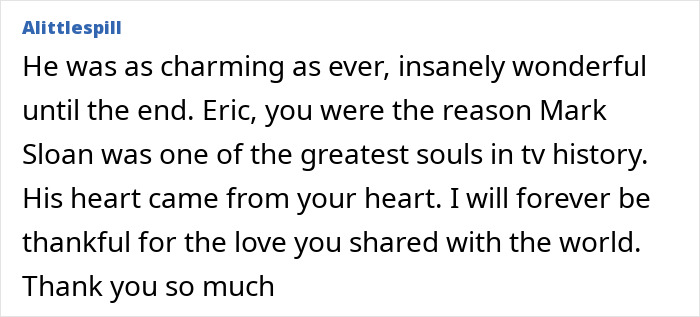 Screenshot of a heartfelt comment about Eric Dane’s scandalous lifestyle and the impact of his downward spiral on friends. Screenshot of a heartfelt comment about Eric Dane’s scandalous lifestyle and the impact of his downward spiral on friends.