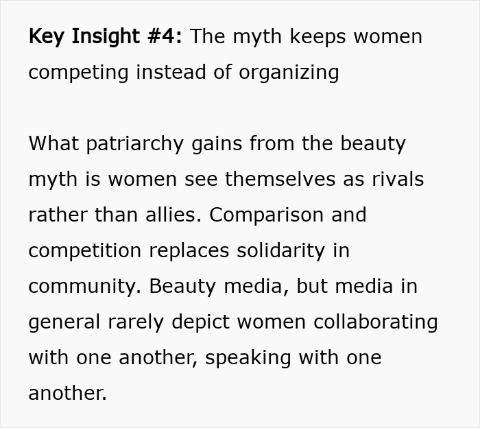 Text highlighting how beauty standards create rivalry among women, undermining solidarity and collaboration. Text highlighting how beauty standards create rivalry among women, undermining solidarity and collaboration.
