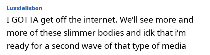 Comment expressing concern about slimmer bodies and media trends related to appearance and health discussions.