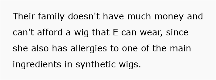 Text about family&rsquo;s financial struggle and allergies affecting choice of synthetic wigs for sister&rsquo;s hair replacement.