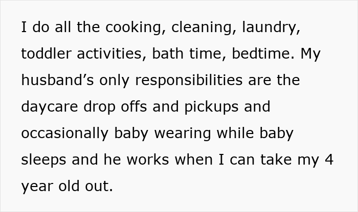 Alt text: frustrated wife describes doing all household chores while lazy hubby relies on mom and minimal parenting duties.