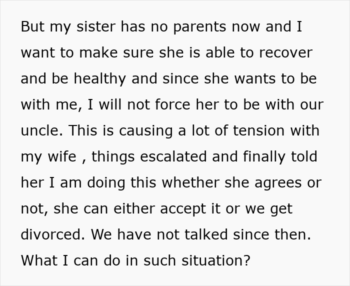 Text discussing tension between wife and husband over adopting underage sister, wife refuses to adopt her.