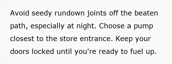 Text image with safety tips for women from a former FBI agent advising to avoid seedy gas stations, choose pumps near entrances, and keep doors locked.