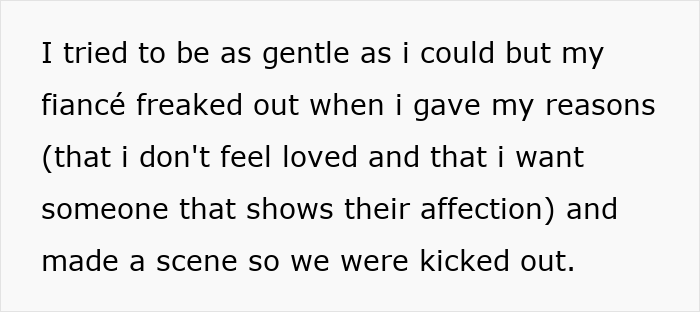 Text message describing woman leaving fianc&eacute; over boyfriend, explaining lack of love and need for affection causing a scene.