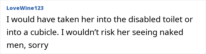 User comment expressing concern about bringing a toddler daughter inside a men's toilet amid psycho drama with a random guy.