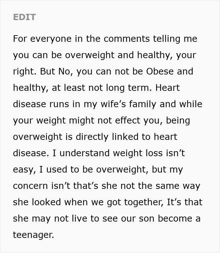 Text excerpt discussing a husband struggling to accept his wife's weight gain and related health concerns.