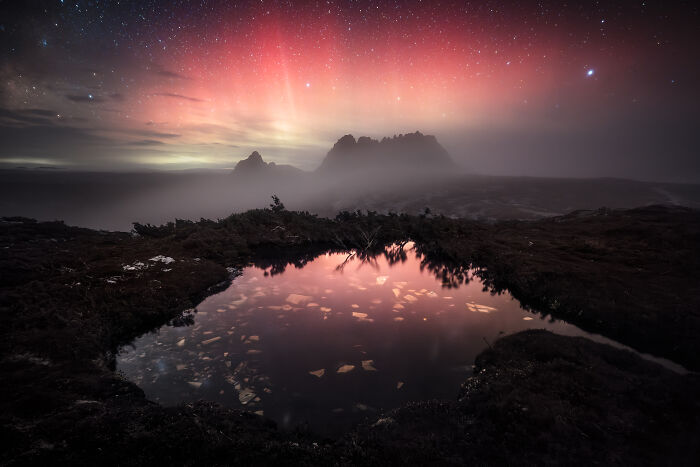 “Misty Cradle Mountain With Aurora Australis” By Cai Ni