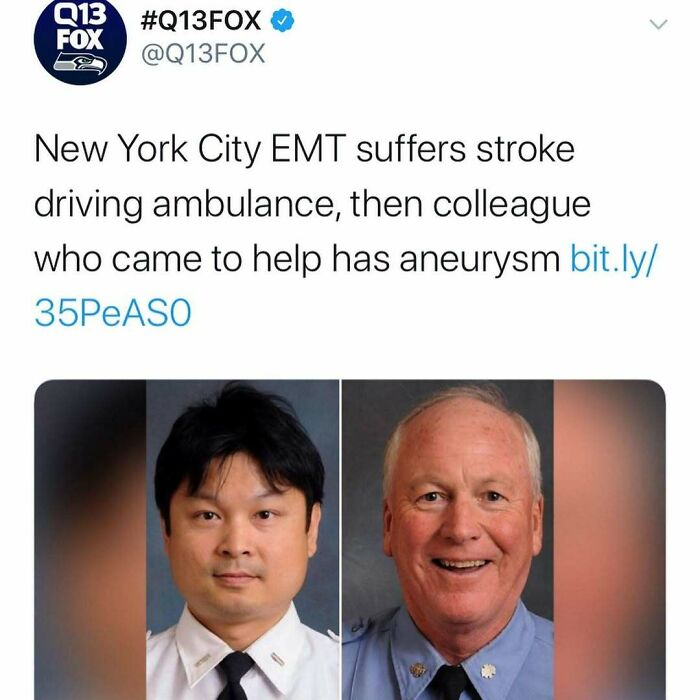 Tweet from Q13FOX showing two EMTs with unhinged news headlines about medical emergencies, highlighting unusual American news stories.
