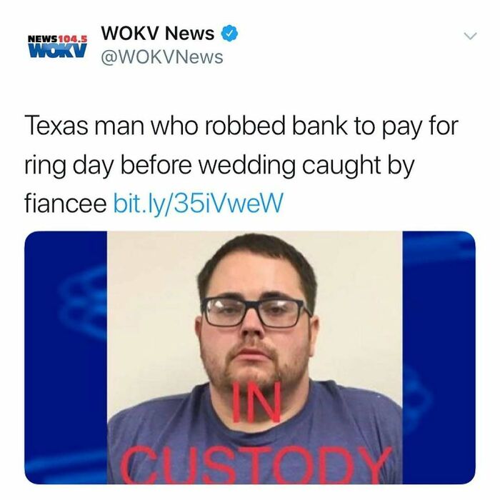 Mugshot of Texas man in custody after robbing bank to pay for ring day, illustrating unhinged news headlines in America.