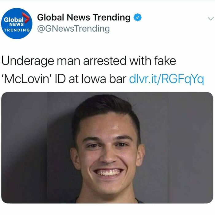 Mugshot of young man arrested for fake McLovin ID at Iowa bar, illustrating unhinged news headlines in America.