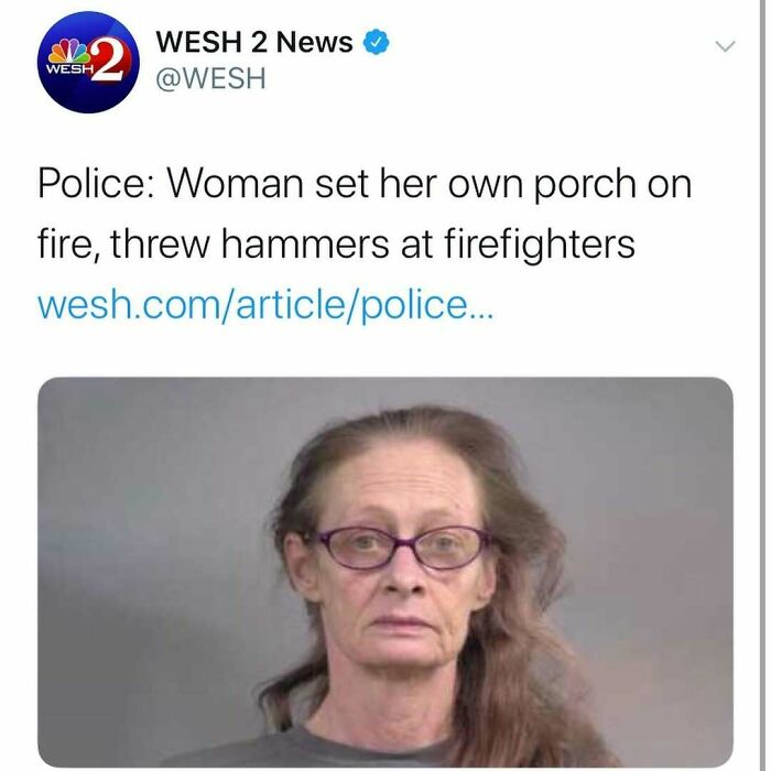 Mugshot of woman linked to unhinged news headline about setting her porch on fire and throwing hammers at firefighters.