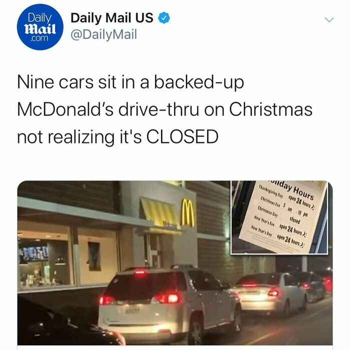 Cars backed up at a McDonald’s drive-thru on Christmas unaware the fast food restaurant is closed, unhinged news headlines America