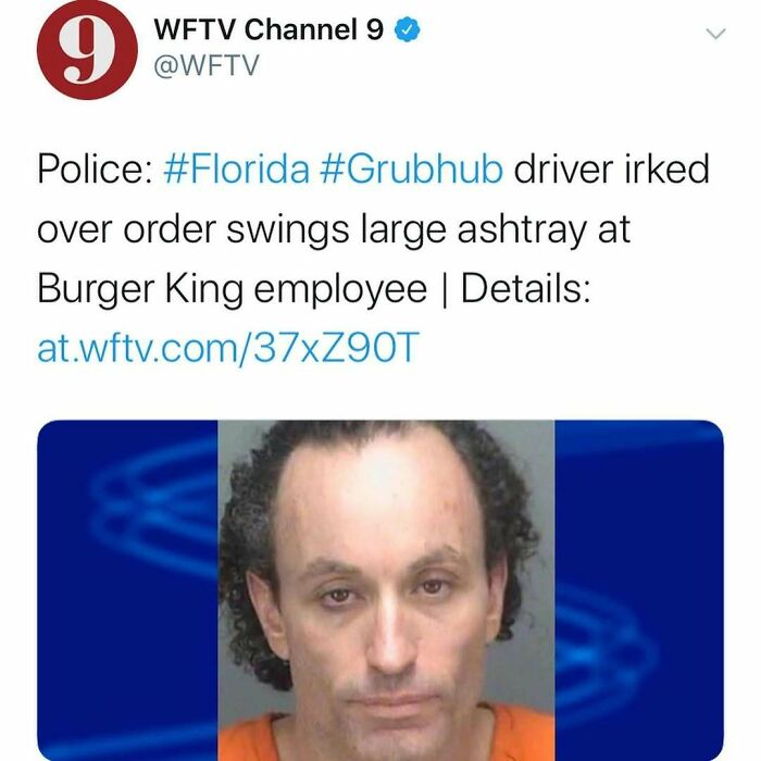 Mugshot of a man involved in an incident with a Grubhub driver swinging an ashtray at Burger King employee.