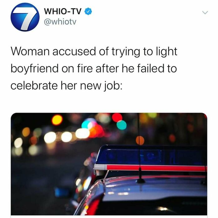 Tweet from WHIO-TV about a woman accused of trying to light her boyfriend on fire, illustrating unhinged news headlines in America.