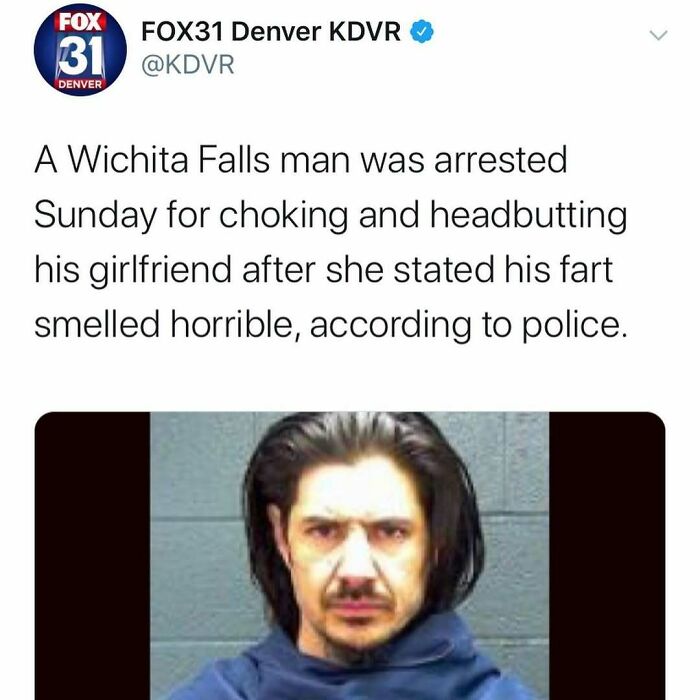 Twitter post about a man arrested in a bizarre American news headline involving choking over a bad fart smell.