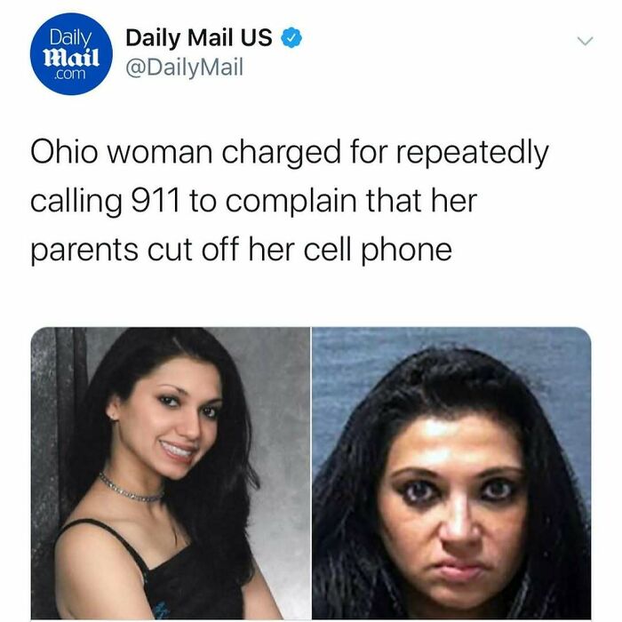 Tweet from Daily Mail about an Ohio woman charged for repeatedly calling 911, illustrating unhinged news headlines in America.