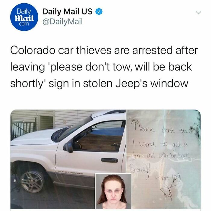 Tweet from Daily Mail US about Colorado car thieves arrested after leaving a note, illustrating unhinged news headlines in America.