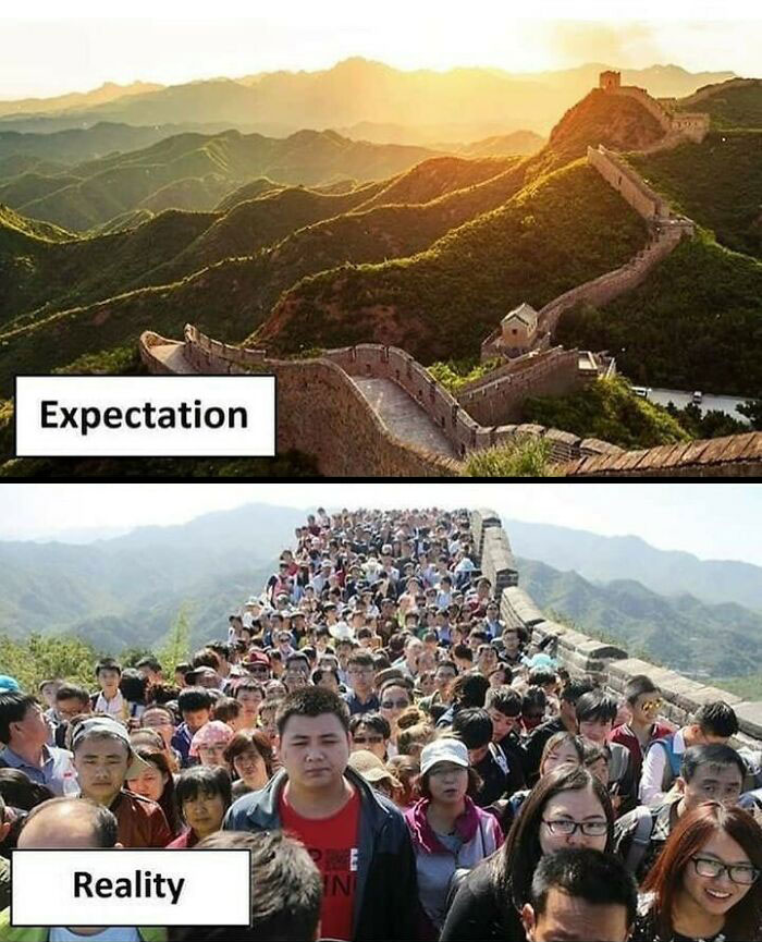 Great Wall of China expectation showing empty scenic view versus reality with crowded tourists, highlighting travel memes about expensive travel challenges.
