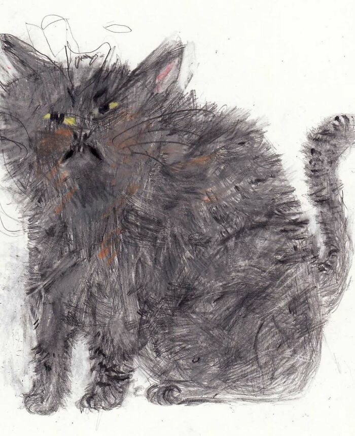 Sketch painting of a fluffy cat with yellow eyes showcasing cats as a favorite art subject throughout the years.