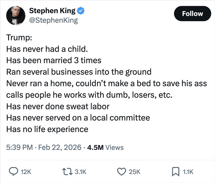 Stephen King tweet criticizing Donald Trump, causing backlash over false claims about Trump’s personal and business life.