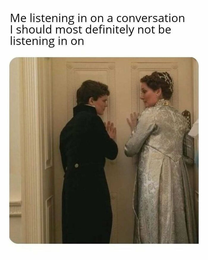 Two Bridgerton characters eavesdropping on a conversation, illustrating Bridgerton memes fans might enjoy.