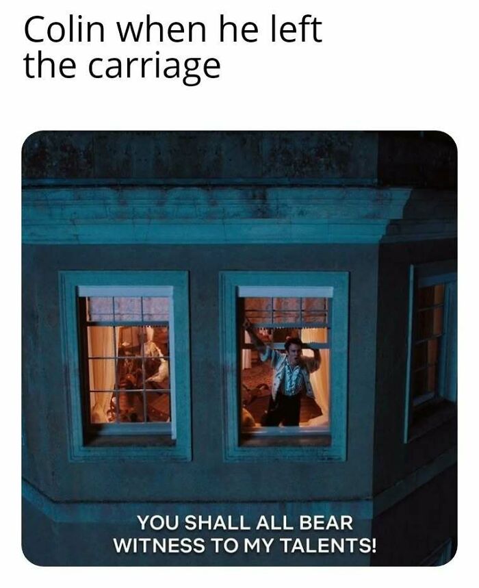 Scene from Bridgerton meme showing Colin striking a dramatic pose inside a lit window at night.