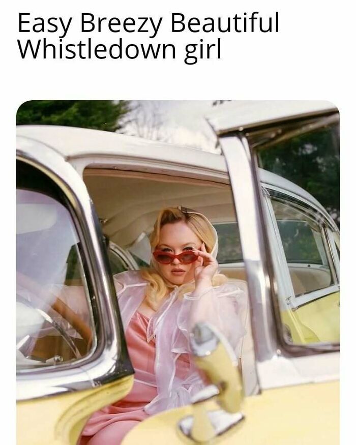 Woman in vintage outfit and red sunglasses sitting in a classic car, Bridgerton memes inspired by Whistledown character.
