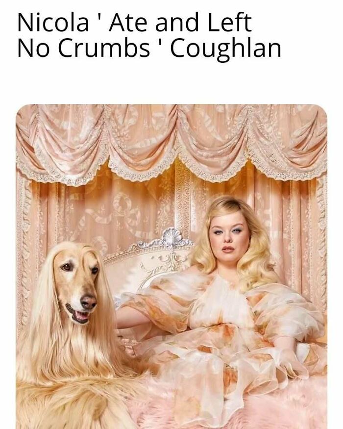 Nicola Coughlan in a Bridgerton-inspired dress, posing with a long-haired dog against ornate drapery background.