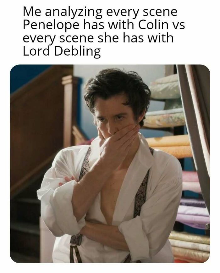 Man in period costume thoughtfully analyzing Bridgerton scenes, reflecting popular Bridgerton memes for fans of the show.