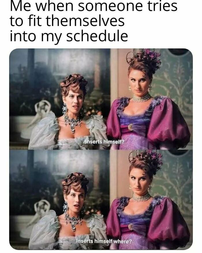 Two women in Bridgerton-era dresses react with surprise and skepticism, depicting a popular Bridgerton meme format.