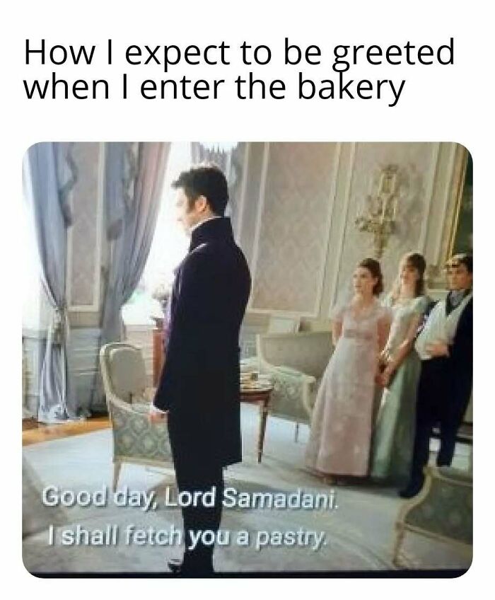 Scene from Bridgerton meme showing a man in Regency attire greeted formally, referencing Bridgerton fans and memes.