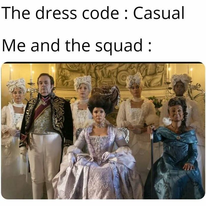 Bridgerton meme showing a group dressed in elaborate period costumes contrasting a casual dress code.