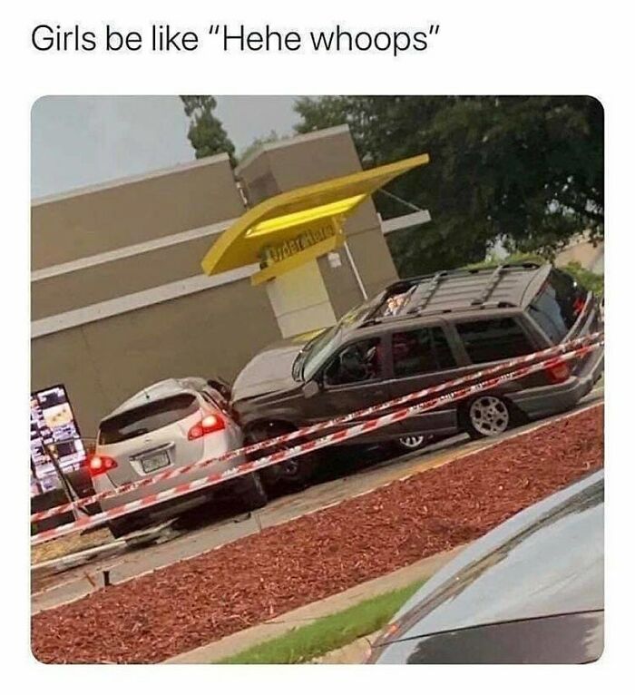 Two cars humorously crashed in a fast-food drive-thru, illustrating chaotic moments in funny marriage memes.