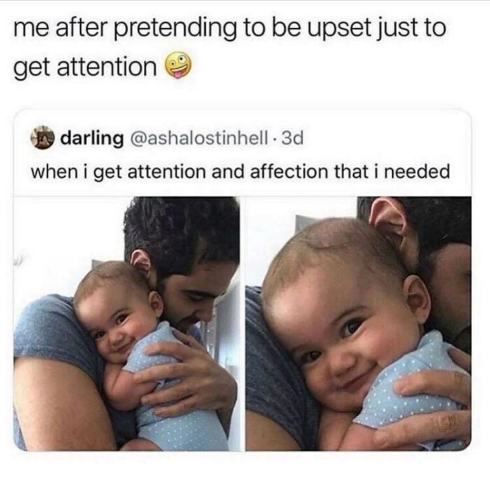 Baby smiling and hugging partner after pretending to be upset, a funny and chaotic marriage meme about attention and affection.