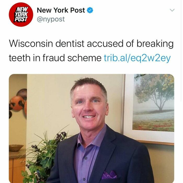 Screenshot of unhinged news headline about Wisconsin dentist accused of breaking teeth in a fraud scheme in America.