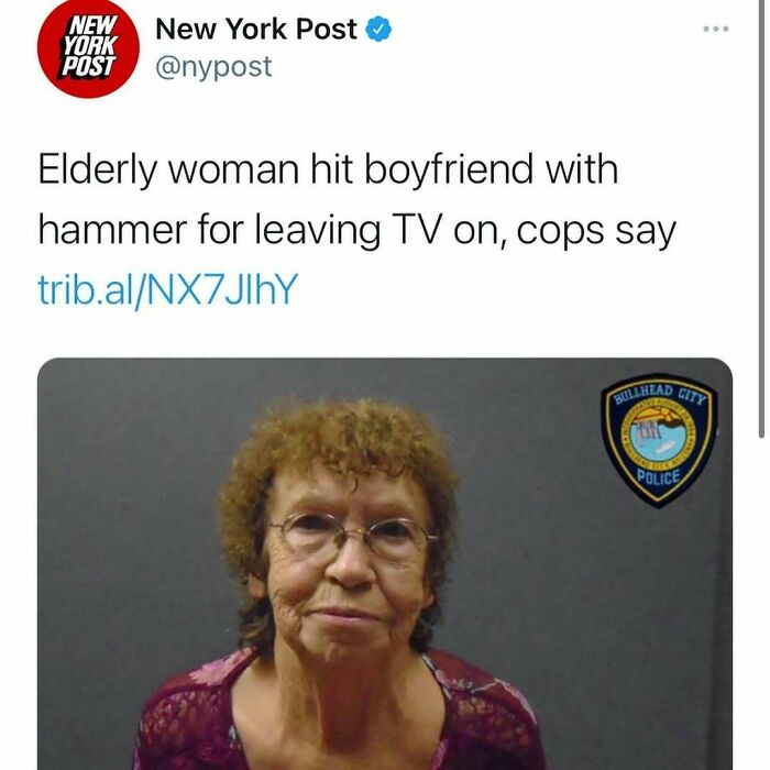 Elderly woman mugshot from police department featured in unhinged news headlines about America.