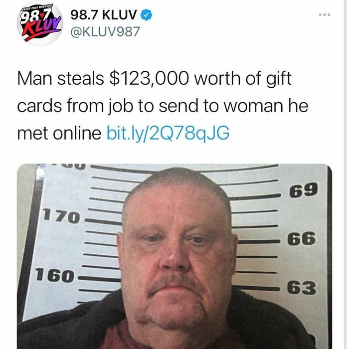Mugshot of a man who stole $123,000 worth of gift cards to send to a woman he met online, unhinged news headline.