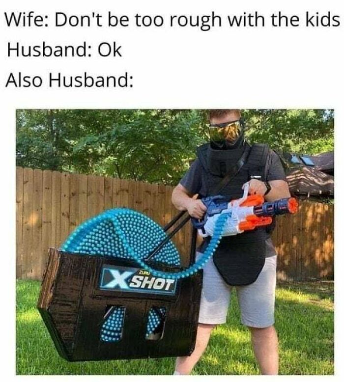 Husband preparing for a chaotic Nerf gun battle with kids, humorously illustrating funny marriage memes.