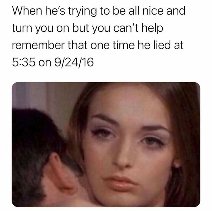 Woman looking unimpressed while a man tries to be nice, a funny and chaotic marriage meme about trust and relationships.