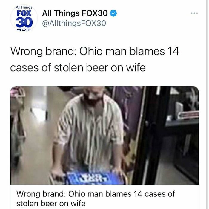 Man pushing beer cart in store with headline about stolen beer, illustrating unhinged news headlines in America.