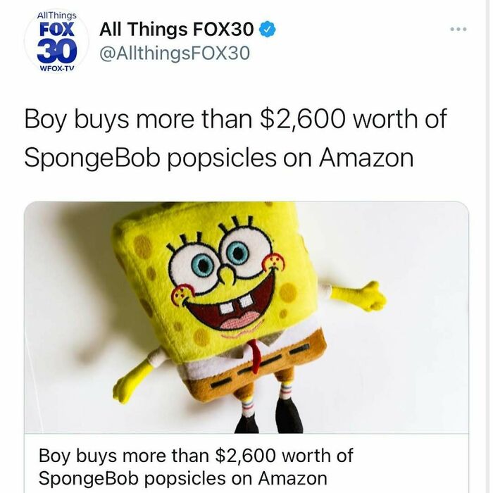 Screenshot of a news headline about a boy buying over $2,600 worth of SpongeBob popsicles in a bizarre US story.