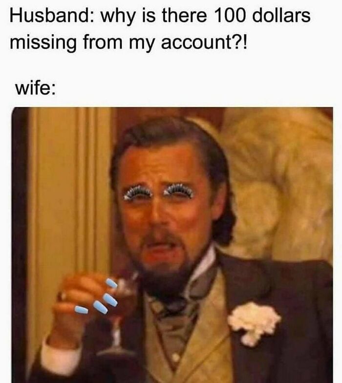 Meme showing humorous chaotic marriage moment with edited eyelashes and nails, capturing funny relationship dynamics.