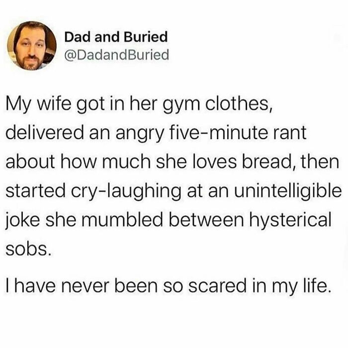 Marriage meme showing a husband's humorous account of his wife's chaotic and funny behavior at the gym clothes moment.